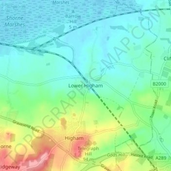 Lower Higham topographic map, elevation, terrain