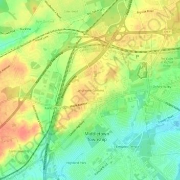 Langhorne Gardens topographic map, elevation, terrain