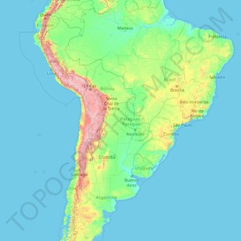 South America topographic map, elevation, terrain