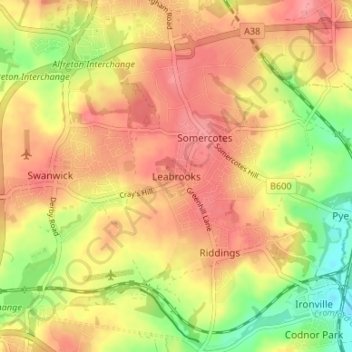 Leabrooks topographic map, elevation, terrain