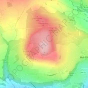 Baildon Moor topographic map, elevation, terrain