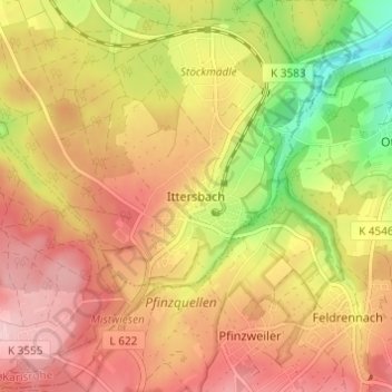 Ittersbach topographic map, elevation, terrain
