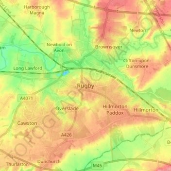 Rugby topographic map, elevation, terrain
