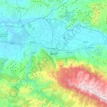 Bursa topographic map, elevation, terrain