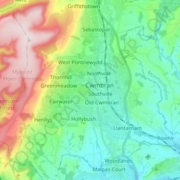 Cwmbran topographic map, elevation, terrain