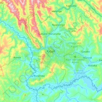 Kigali topographic map, elevation, terrain