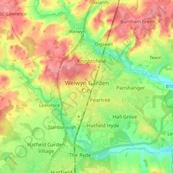 Welwyn Garden City topographic map, elevation, terrain