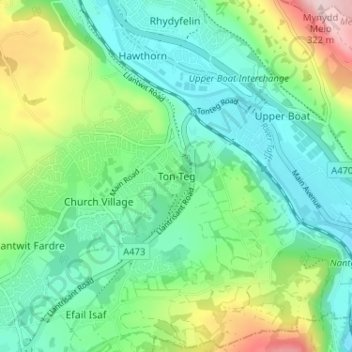 Tonteg topographic map, elevation, terrain