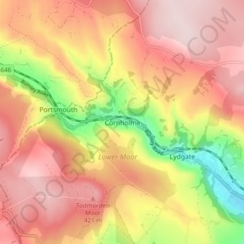 Cornholme topographic map, elevation, terrain