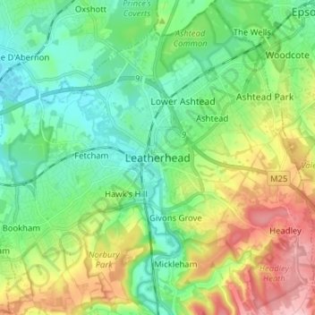 Leatherhead topographic map, elevation, terrain