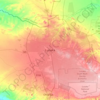 Lusaka topographic map, elevation, terrain