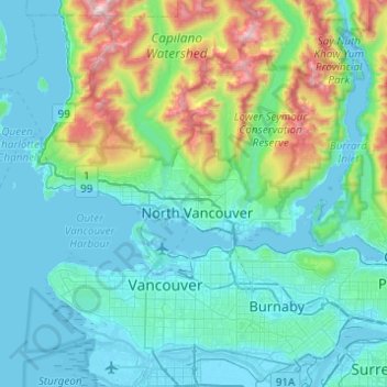 District of North Vancouver topographic map, elevation, terrain