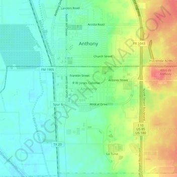 Anthony topographic map, elevation, terrain