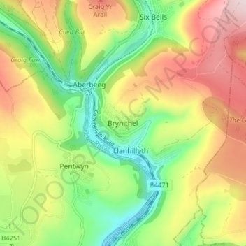 Brynithel topographic map, elevation, terrain