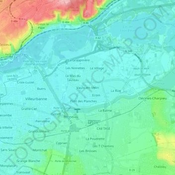 Vaulx-en-Velin topographic map, elevation, terrain