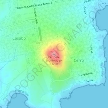 Cerro de Montevideo topographic map, elevation, terrain