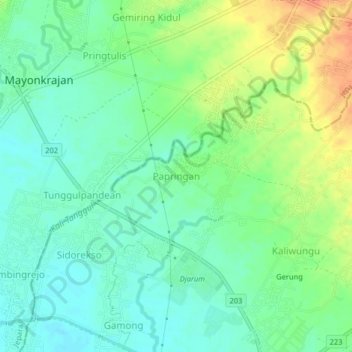 Papringan topographic map, elevation, terrain