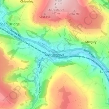 Mytholmroyd topographic map, elevation, terrain