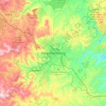 Pietermaritzburg topographic map, elevation, terrain