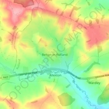 Belton-in-Rutland topographic map, elevation, terrain