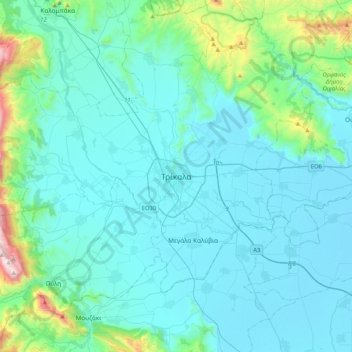 Trikala topographic map, elevation, terrain