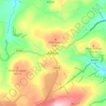 Bylchau topographic map, elevation, terrain