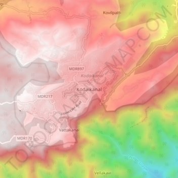 Kodaikanal topographic map, elevation, terrain