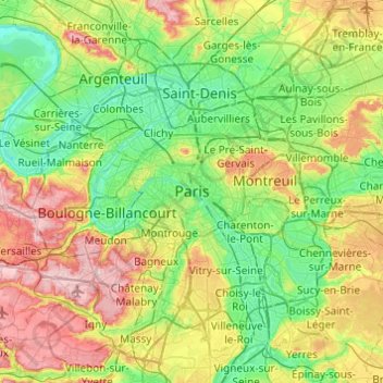 Parijs topographic map, elevation, terrain