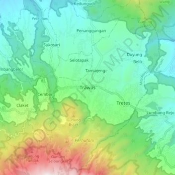 Trawas topographic map, elevation, terrain