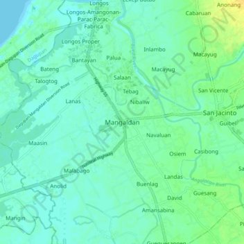 Mangaldan topographic map, elevation, terrain