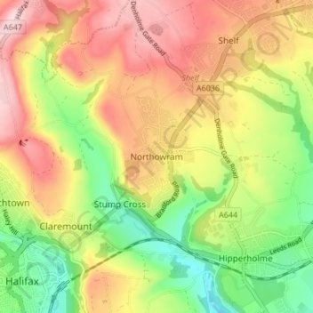 Northowram topographic map, elevation, terrain