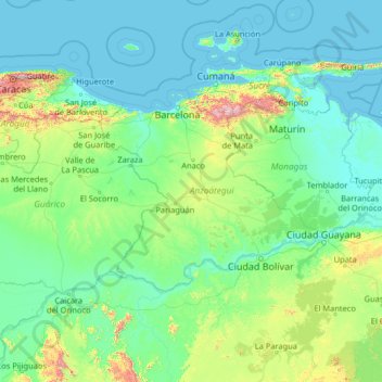 Anzoátegui topographic map, elevation, terrain