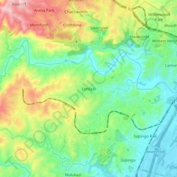 Umlazi topographic map, elevation, terrain