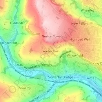 Warley Town topographic map, elevation, terrain