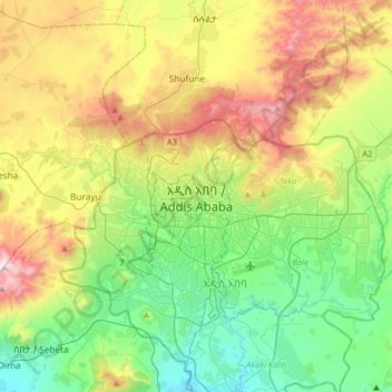 Addis Ababa topographic map, elevation, terrain