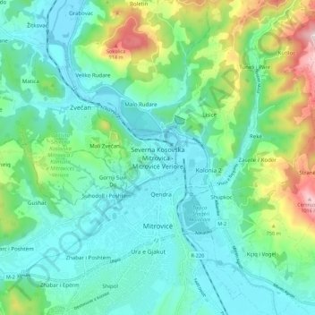North Mitrovica topographic map, elevation, terrain