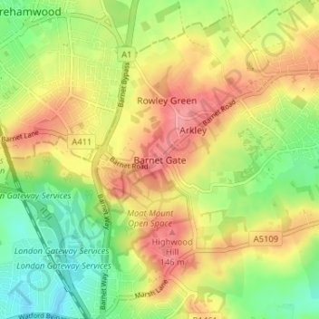 Barnet Gate topographic map, elevation, terrain