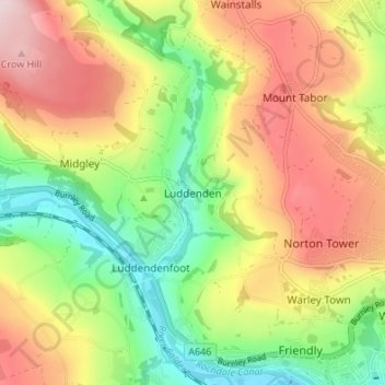 Luddenden topographic map, elevation, terrain