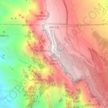 Sandia Peak topographic map, elevation, terrain