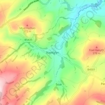 Nantglyn topographic map, elevation, terrain