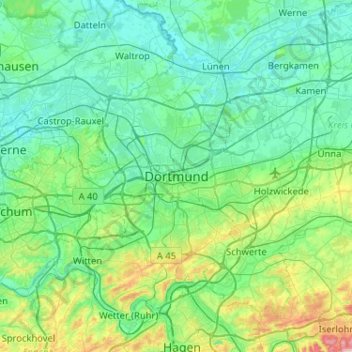 Dortmund topographic map, elevation, terrain