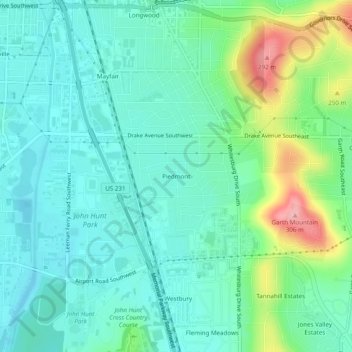 Piedmont topographic map, elevation, terrain