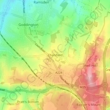 Chelsfield topographic map, elevation, terrain