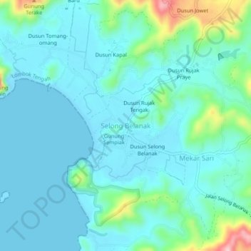 Selong Belanak topographic map, elevation, terrain