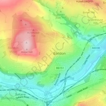 Baildon topographic map, elevation, terrain