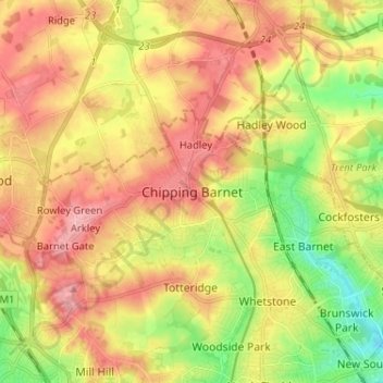 Chipping Barnet topographic map, elevation, terrain