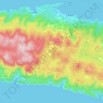 Pupnat topographic map, elevation, terrain