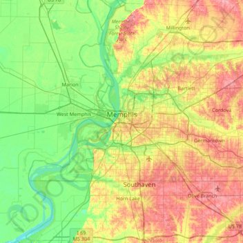 Memphis topographic map, elevation, terrain