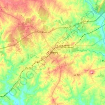 Gaffney topographic map, elevation, terrain