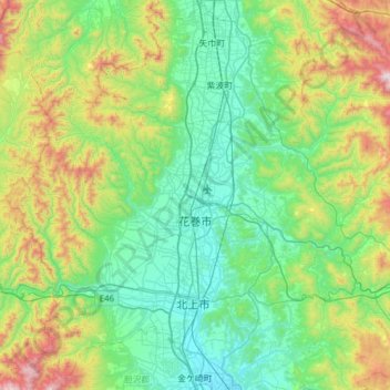 花卷市 topographic map, elevation, terrain